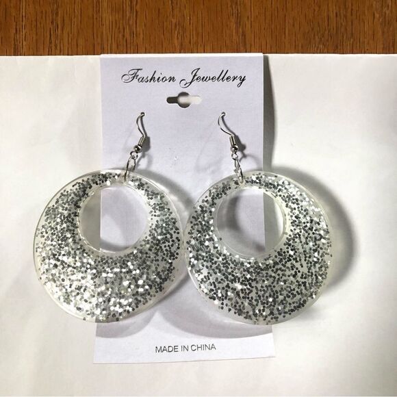 Silver Glitter Earrings Plastic Dangle Hook (A)69 - Picture 2 of 4